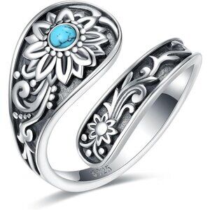 Sterling Silver Turquoise Rings Adjustable Sunflower Dragonfly Butterfly Boho Je